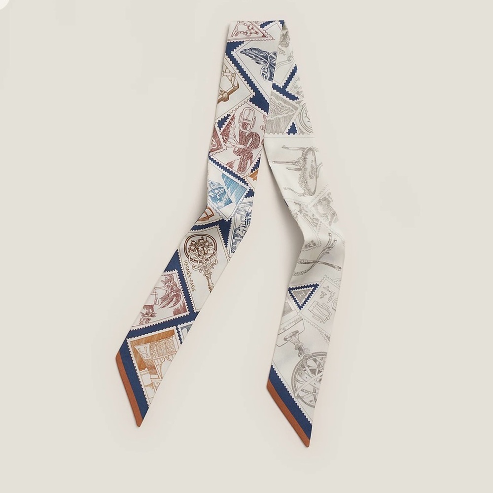 Hermes Blue and Brown Silk Scarf Le Philateliste du Faubourg Twilly NEW